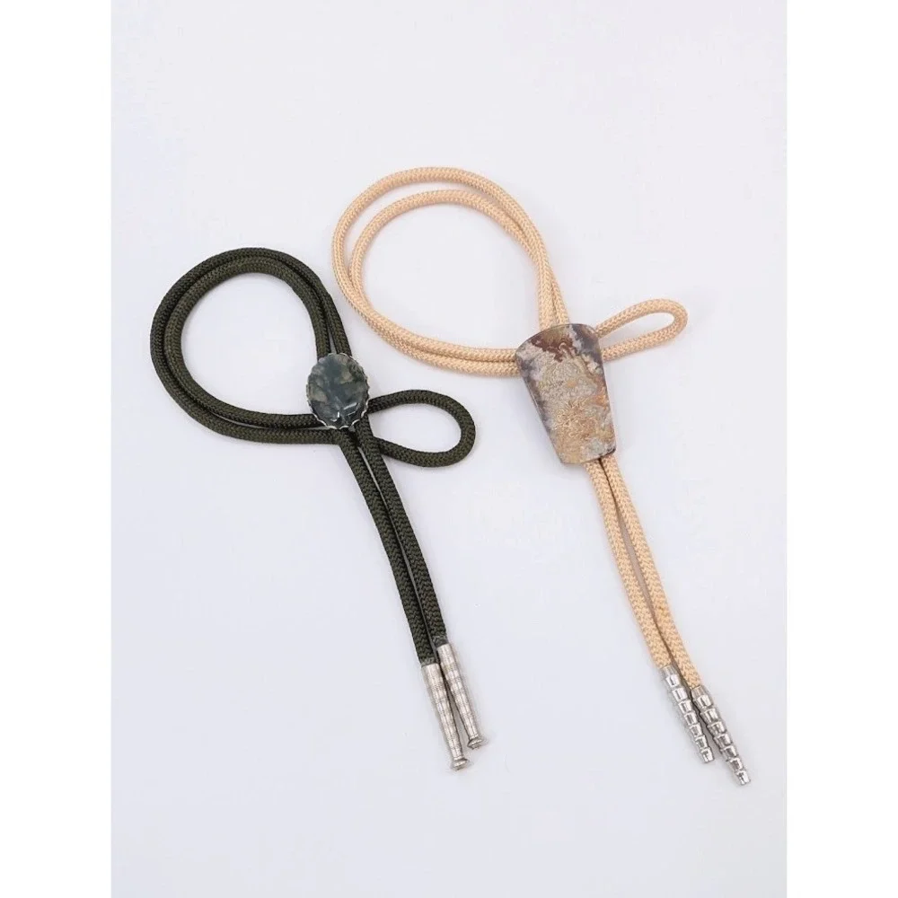 Lot of 2 Vintage Bolo Tie Green‎ and Tan Natural Stone Western Necktie Festival